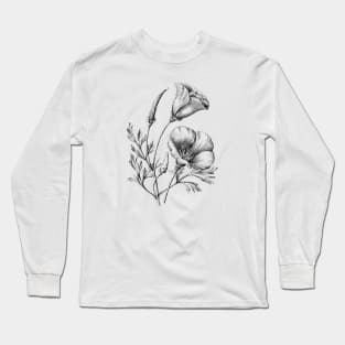 California Poppy Flower Vintage Botanical Illustration Long Sleeve T-Shirt